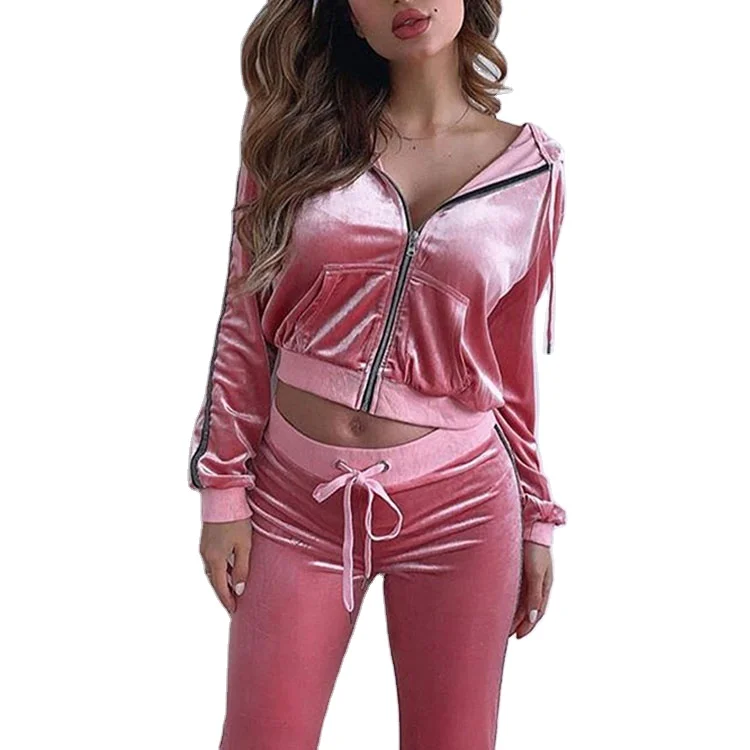 TANAZAINRA  Custom ladies Winter Plain Zip Pink Two Piece Set Velour Hoodie Tracksuits for Women
