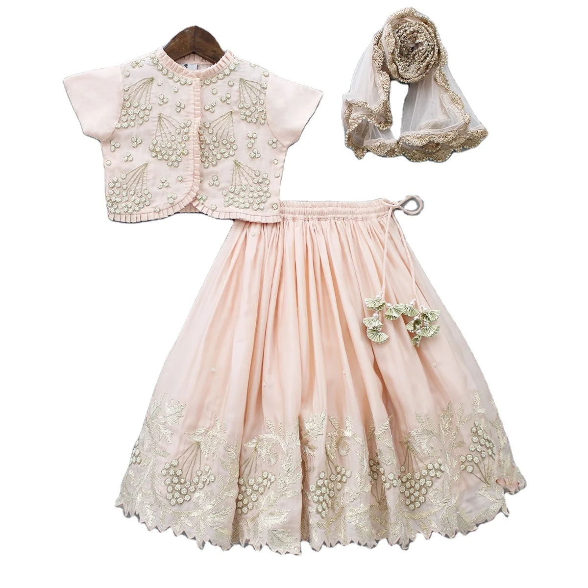 Beautiful Beaded Top With Zari Thread Work Girls Kids Wear Ethnic Designer Lehenga And Dupatta pleated frills gota flower attach