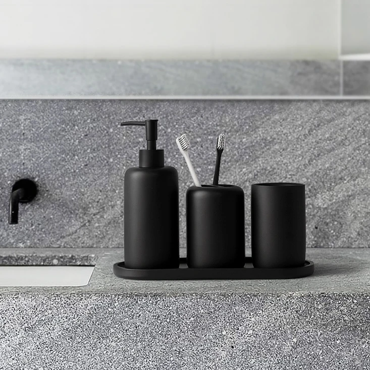 Wholesale Hotel Custom Black Toothpaste Toothbrush Holder Mouthwash Cup Liquid Soap Dish Tray Dispenser Ceramic Bathroom Set