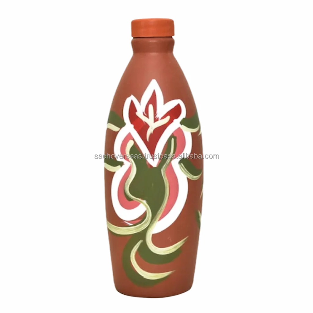 100% Handmade Indian Pottery Earthenware Brown Colour Painting Clay Water Bottle For Sale, Surai Water Bottle 1200 ML