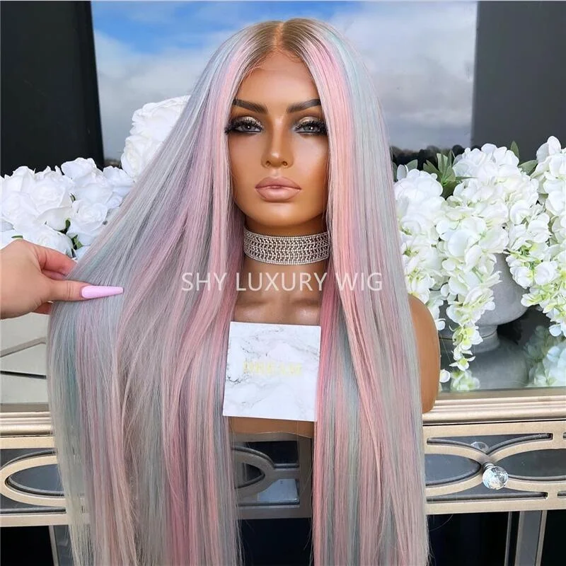 Blue with Pink Highlight Human Hair Wigs straight Ombre 13X4 Lace Front Wigs Virgin pelucas humanas 613 blonde mixed purple wig