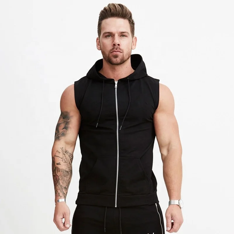 Hot sales Custom Logo Printing 2022 Streetwear Zipper Up Sleeveless Gym Hoodies For Men vest Gym Vest Hooded Vest Tank Top Crop
