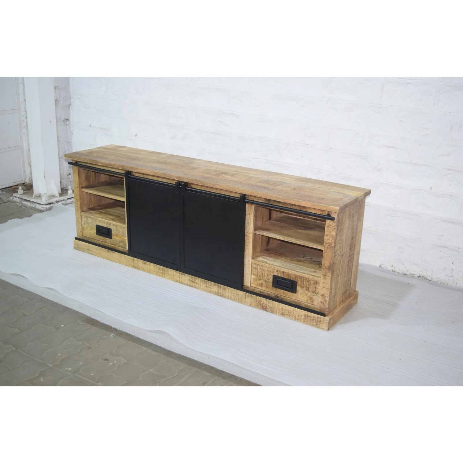 Industrial Vintage Solid Mango Wood and Iron TV Stand with Sliding Door Design for Living Room Office Home or Hotel