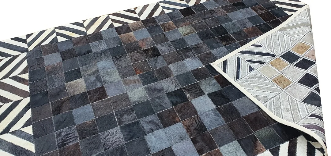 Modern Design Black and White Pure Genuine Cow Leather Hair on Handmade Patchwork Leather cowhide Area rug
