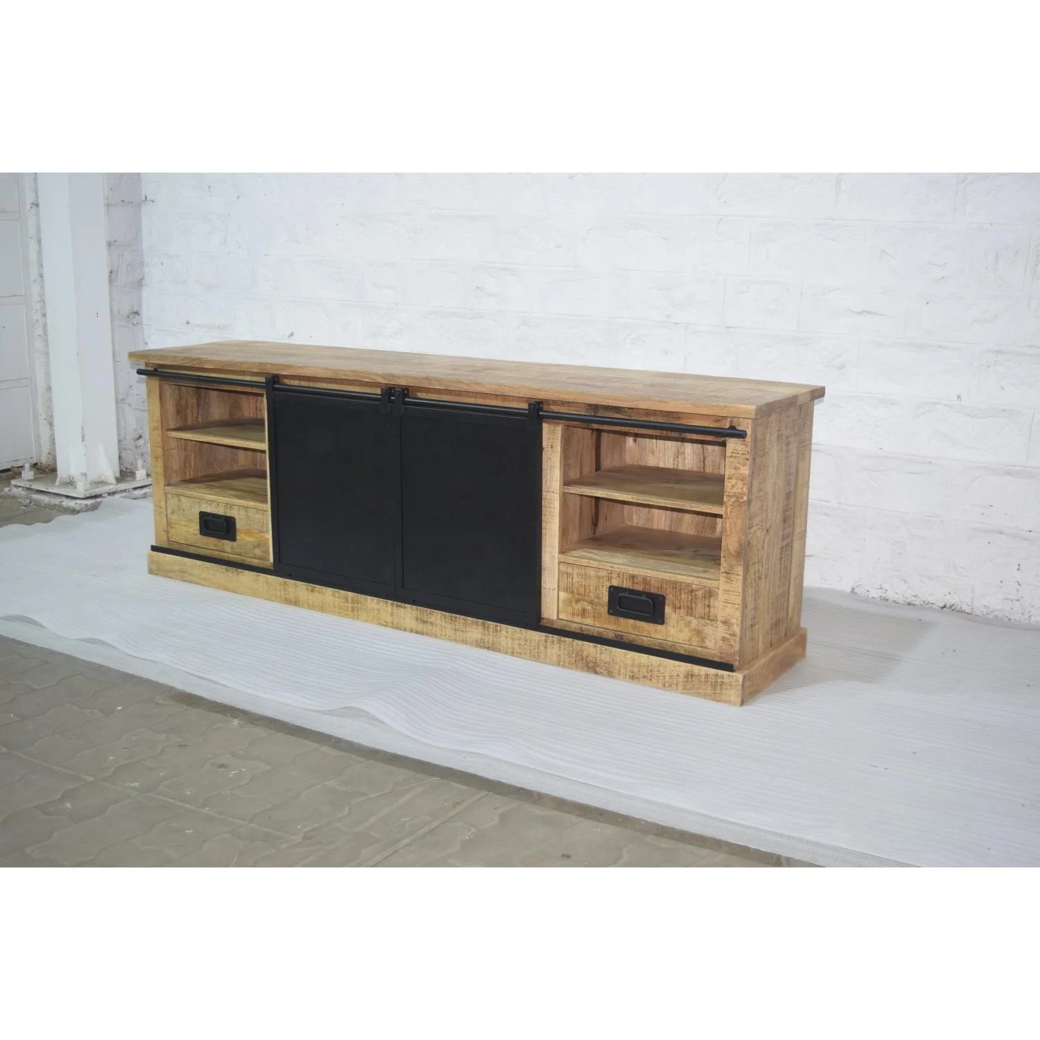 Industrial Vintage Solid Mango Wood and Iron TV Stand with Sliding Door Design for Living Room Office Home or Hotel