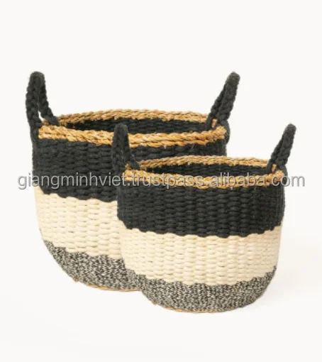 Wholesale price custom home decor round hand woven Jute seagrass cotton rope storage basket made in Vietnam