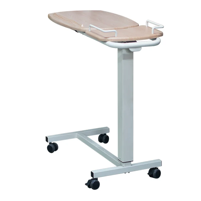 Modern Adjustable Gas-Spring Overbed Table ENT-1110H Steel Frame Wood Grain Top Hospital Home Bedroom Living Room School Use