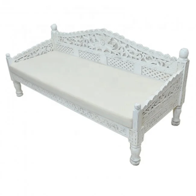 Indian Hand Carved XL Daybed Jodhpur Rustic Solid Wood Handcrafted Daybed Vintage Antique French Style Carving Daybed