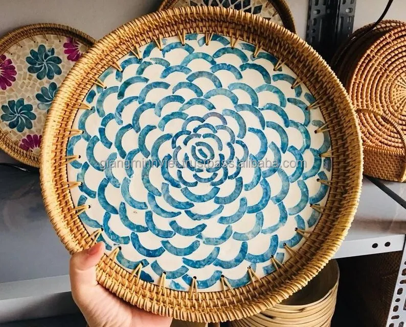 Hot Selling Amazon Wholesale Rattan Mother of Pearl inlay Serving Trays from Vietnam low MOQ