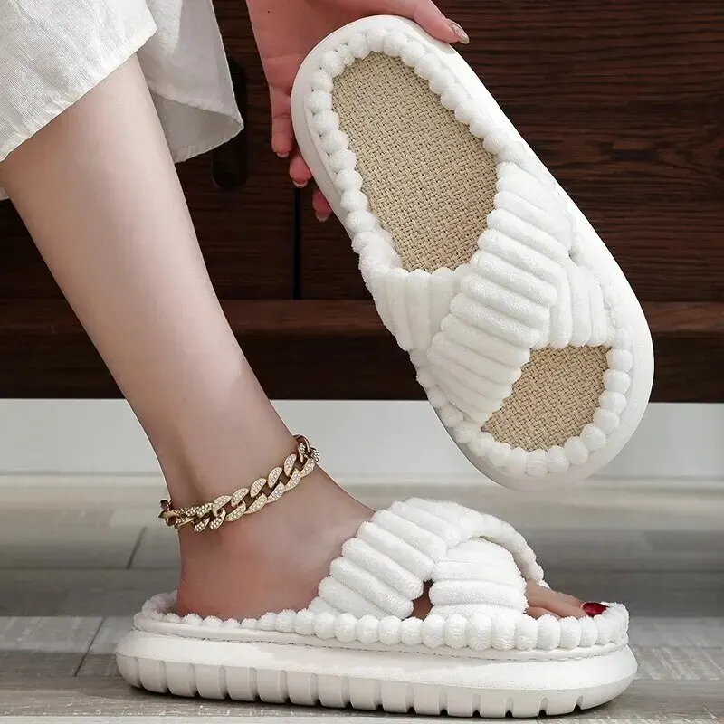 Women Spring Autumn Home Slippers Open-Toe Cross Band Linen Soled Indoor Slides Linen Soled Non-Slip Bathroom Slippers