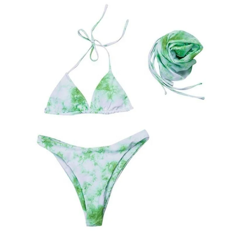 Women Sexy Tie-Dye 3pcs Bikini Set Green  Halter Triangle Swimsuit with Sarong Skirt Wholesale Multicolor Tie-Dye Bikini Set