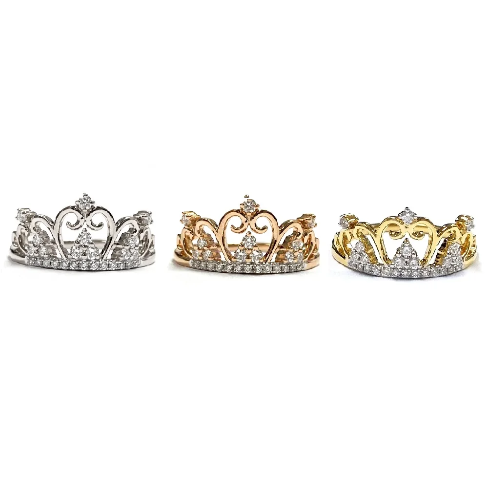 Unique Crown Bride Design 18k Solid Yellow Gold Natural Round Diamond Trendy Band Ring For Teen Girl