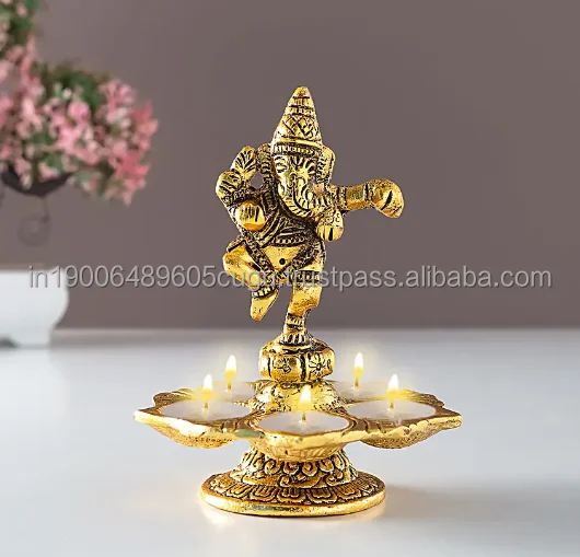 Metal Dancing Ganesh Diya with 5 Oil Wick Diya Stand Diwali Gift Indian Wedding Return Gift Oxidized Oil Lamp Housewarming Favor