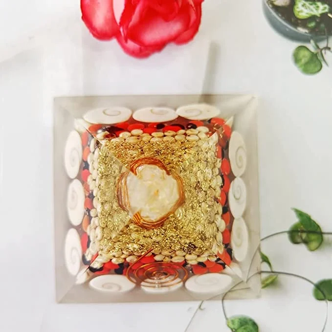 Red & White Chirimoy Seeds Orgonite Pyramid Gemstone Material Home Decor EMF Protection Healing Vaastu Reiki-Themed Meditation