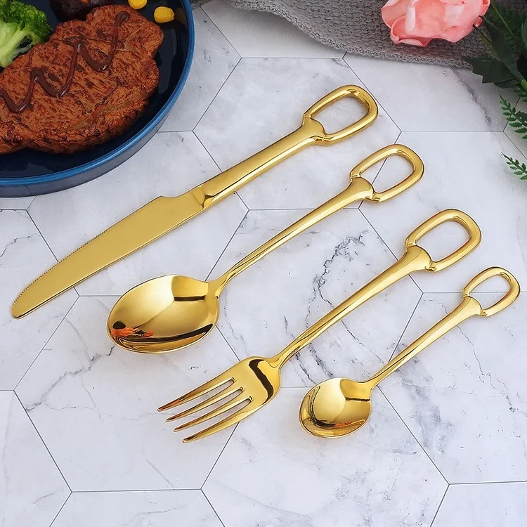 Gold Plated Mirror Polished Cutlery With Square Buckle Hook Handle Of knife Fork And Spoon Set For Gift Wedding Party