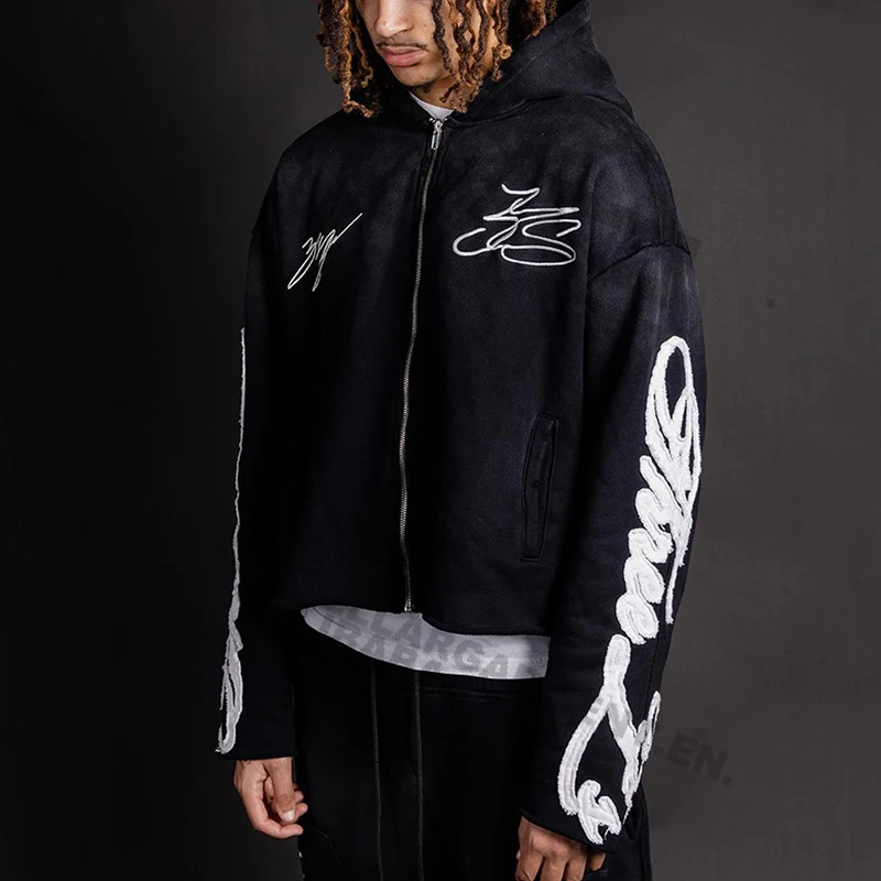 OEM Custom Patch Embroidery French terry Cotton Distressed Raw Hem Acid Wash Sweatpants And Hoodie Set For Men