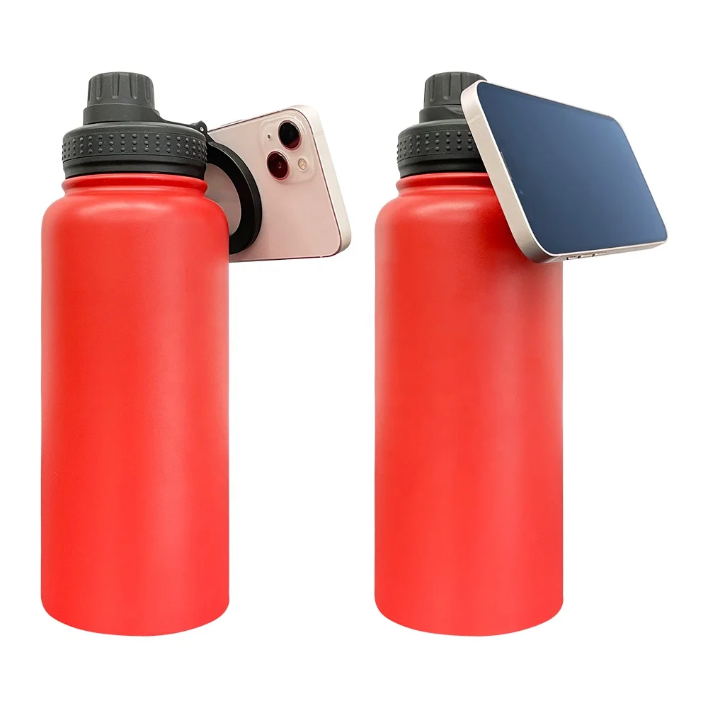 double walled stainless steel powder coated copper 32oz bottle with magnetic phone holder with lid