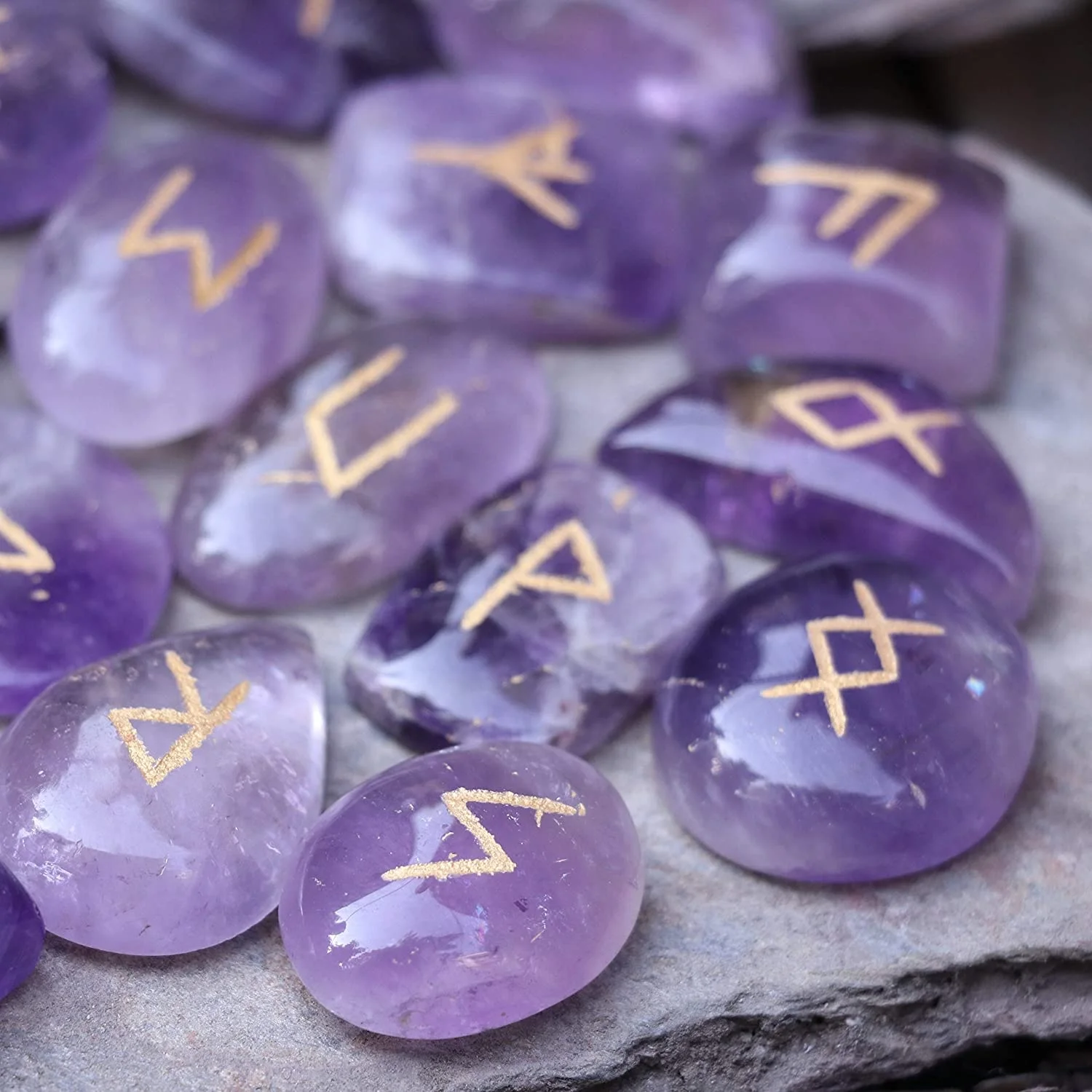 Drop Rune Stones Set Polished Witches Crystal with Engraved Elder Futhark Runic Alphabet for Pagan Lettering Viking Runes
