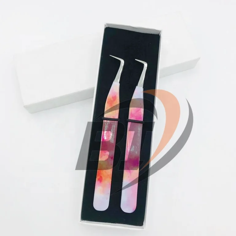 90 Degree Slim Boot Custom Design Paper Coated Stainless Steel Private Logo Hand Tested Volume Eyelash Tweezers
