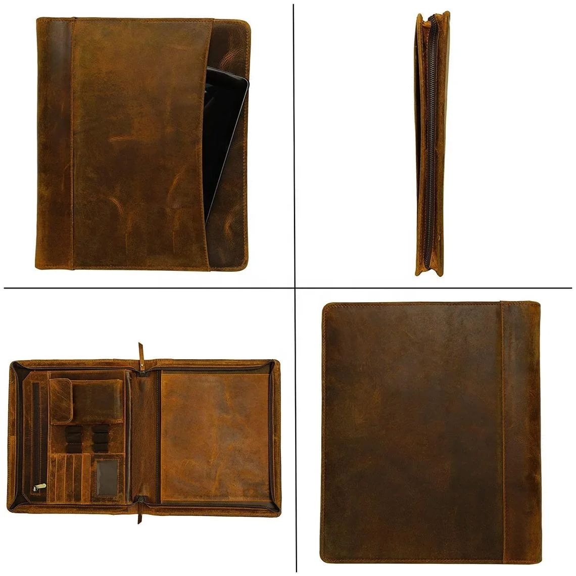 Durable Leather Portfolio, Easy to Carry Zip Closure Holder Leather Folder For Travel Document Holder