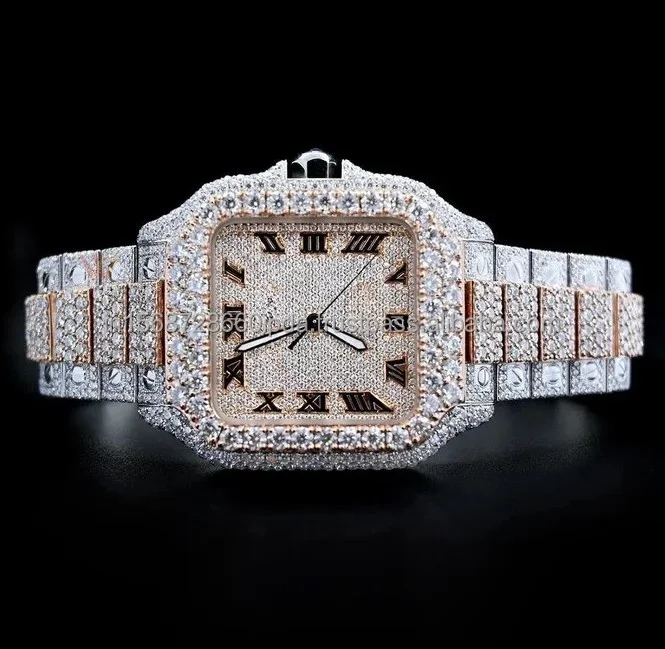 Роскошные супер клон часы 14 карат розовое золото со льдом Cartiers vvvs прозрачные с муассанитом бриллиантами для мужчин и женщин Бесплатная доставка