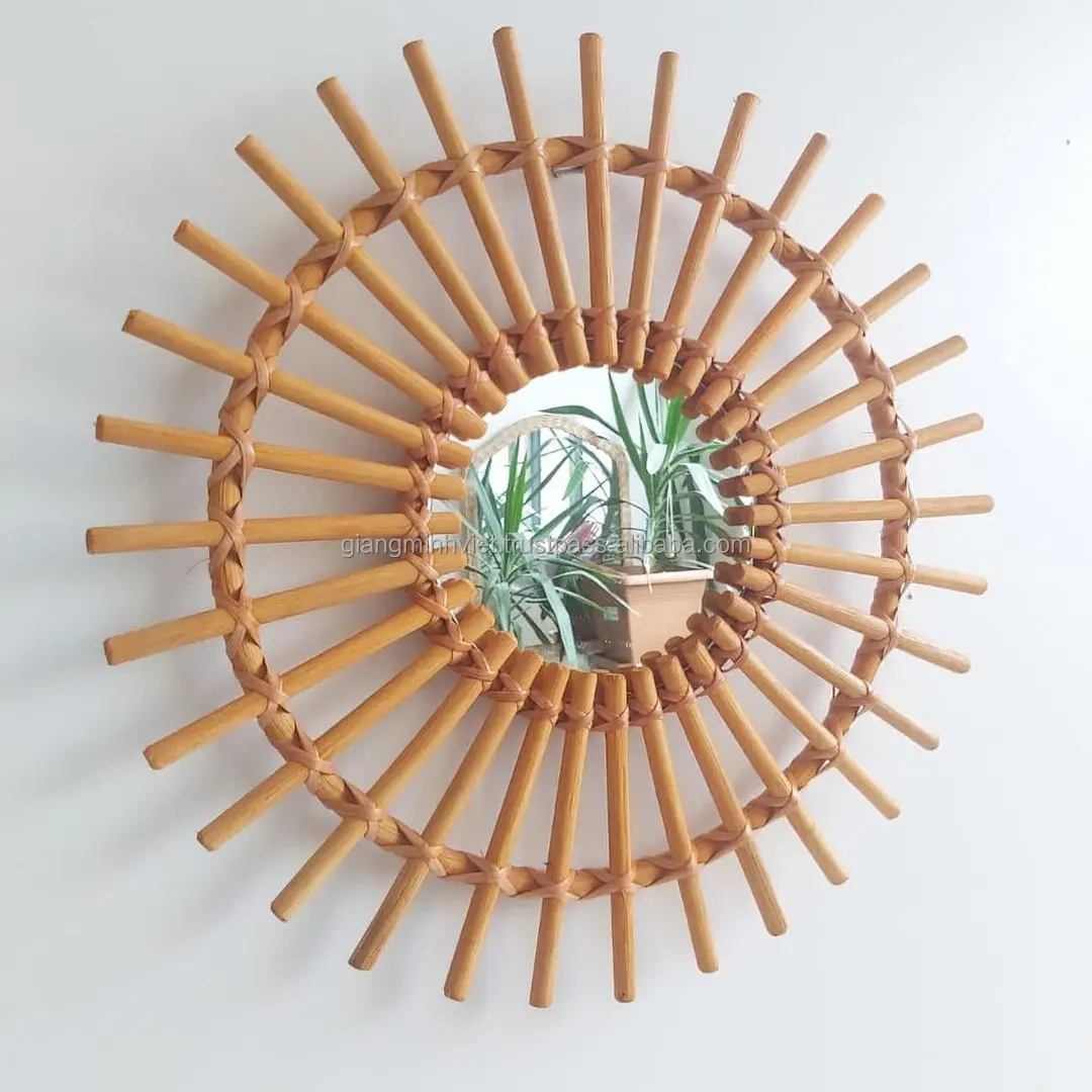 Home Decor Bamboo rattan furniture Handmade craft Vietnam Manufacture round woven wood wicker willow frame rattan wall mirror