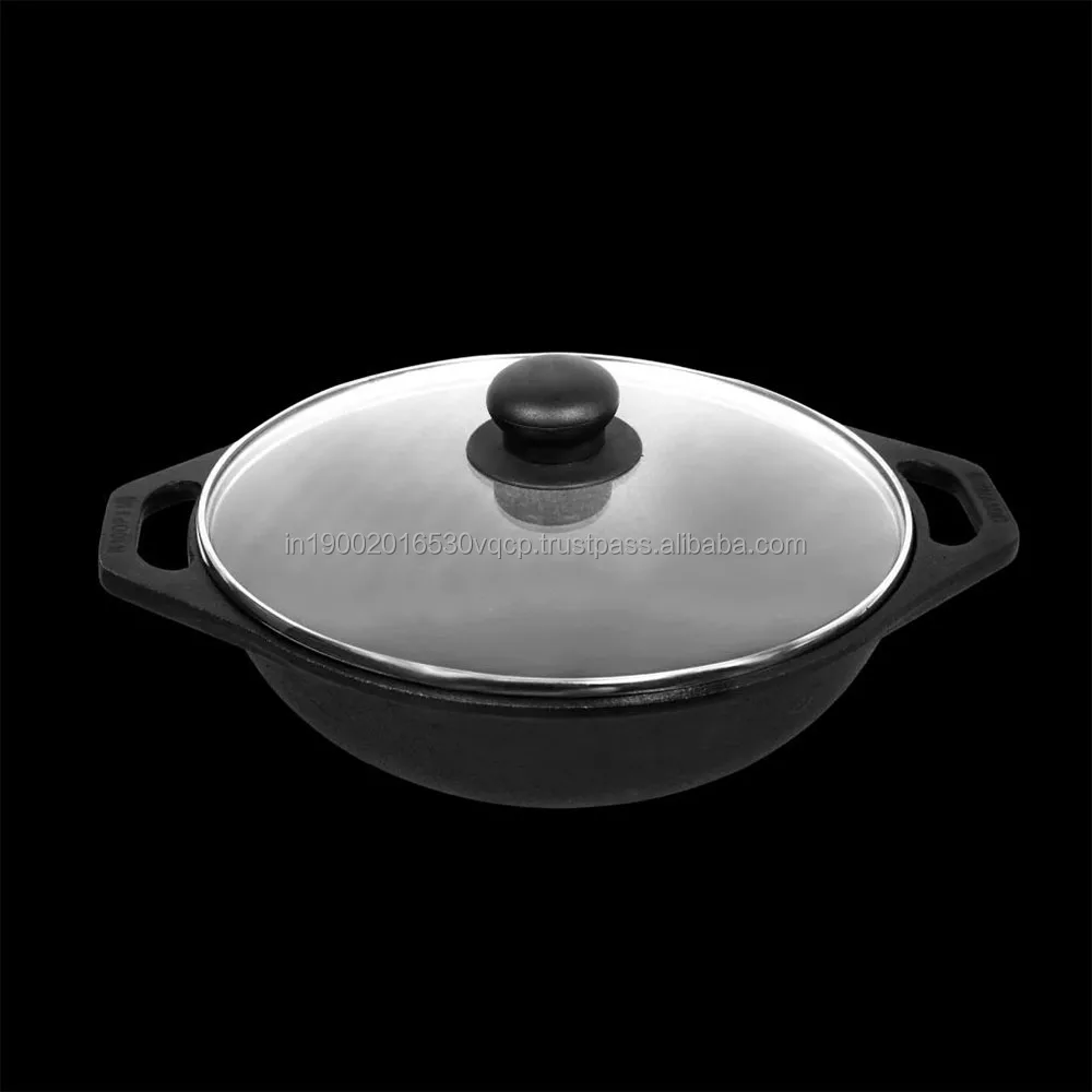 High Quality 12-Inch Non-Stick Cast Iron Kadai Wok for Home Hotel Hot Cookware Heavy Base Cooking Serving Flat Bottom Induction