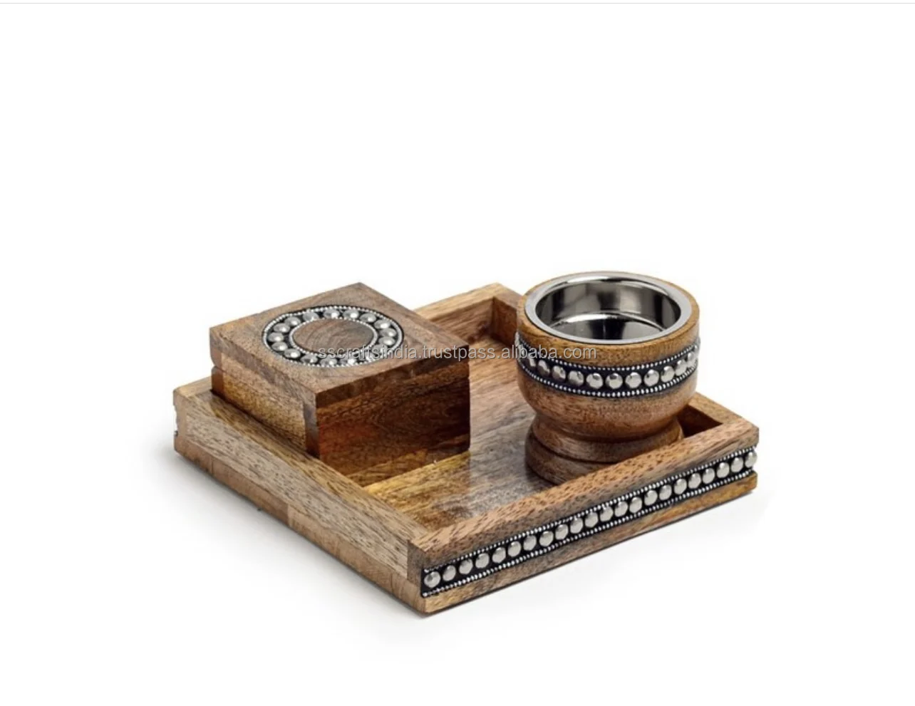 Hot Sale Wooden and Silver Brass Mosaic Tray Boxes Incense Burner Bakhoor Burner Set Mubkhara trending design Medkhan Eid