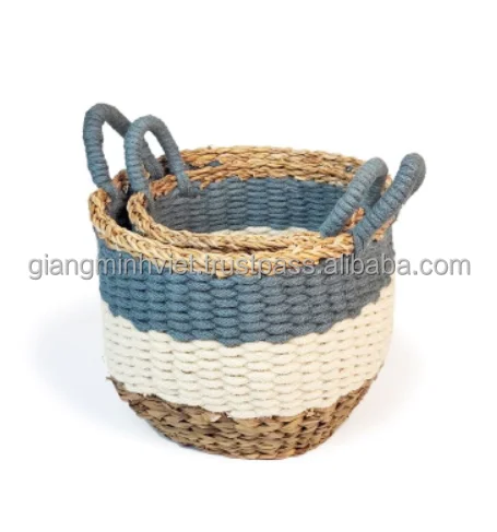 Wholesale price custom home decor round hand woven Jute seagrass cotton rope storage basket made in Vietnam