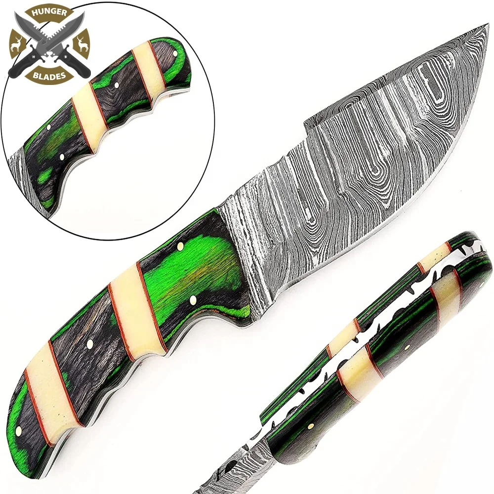 100% Top Quality Hunger Blades Damascus Steel Hunting Knife with pure Leather Sheath RAJ -0074