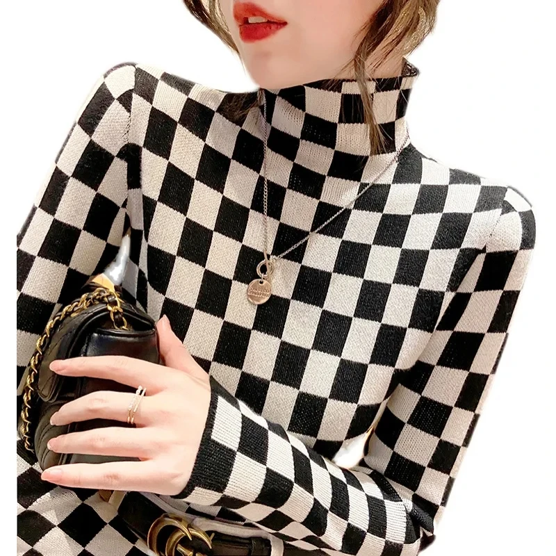 Women zebra print turtleneck sweater full sleeve checkerboard luxury pattern jumper tops wholesale sweaters