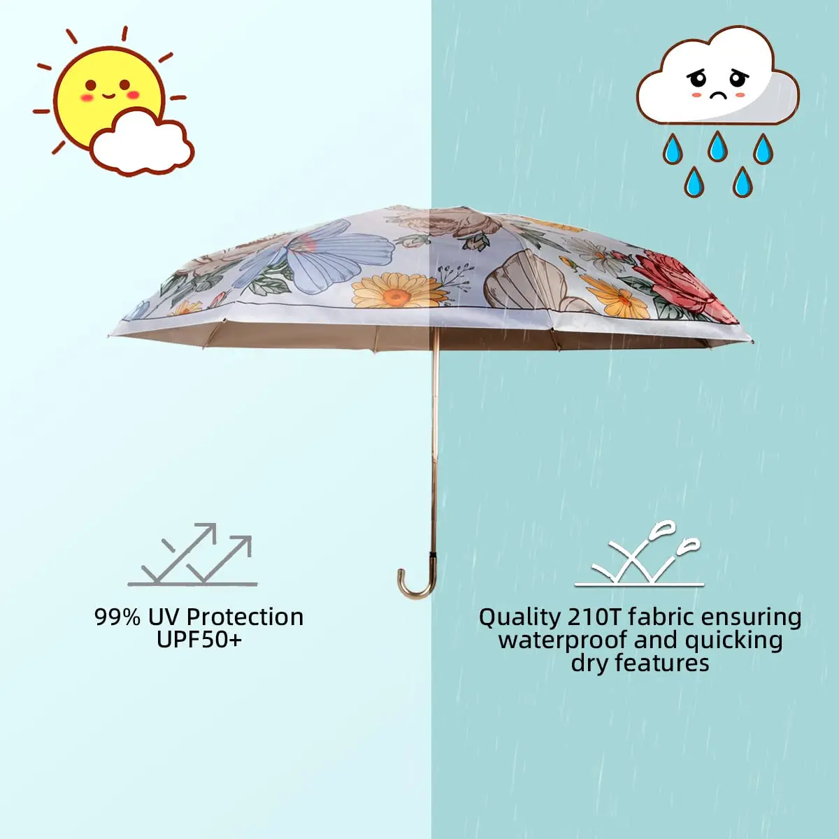 Customized Women Travel Modern Curved Hook Design Manual Control Umbrella Pongee Sun Rain parasol aluminum lady sun umbrella