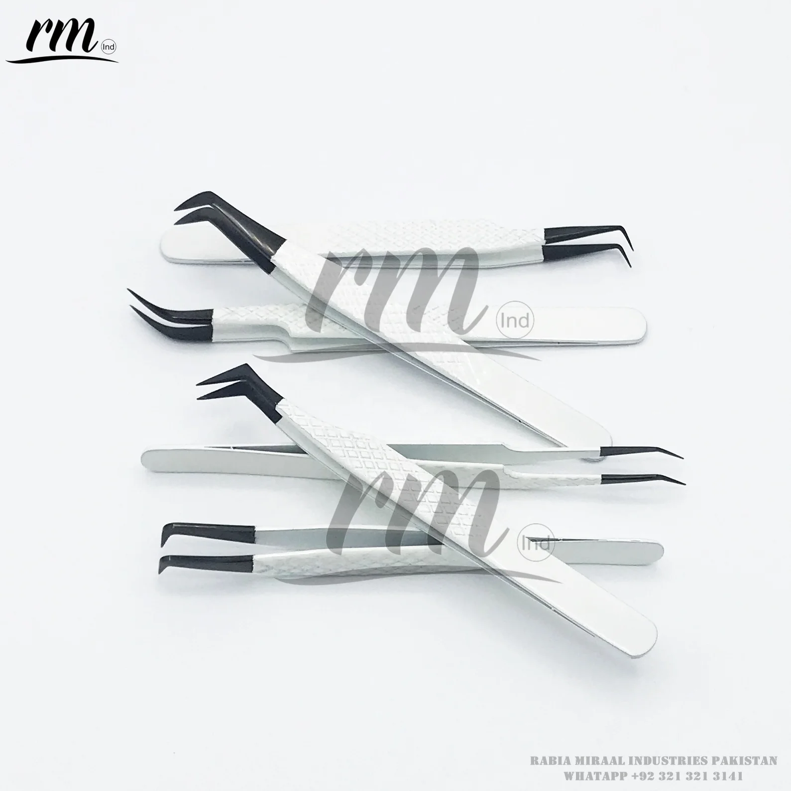 90 degree tweezers Hot selling custom logo best quality angle white color with diamond grip with black plasma tip eyelash