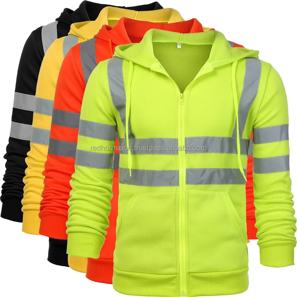 OEM High Visibility Jacket Customized Orange Lined Fleece Sweatshirts Men Work Reflective Safety Hoodie Zippered