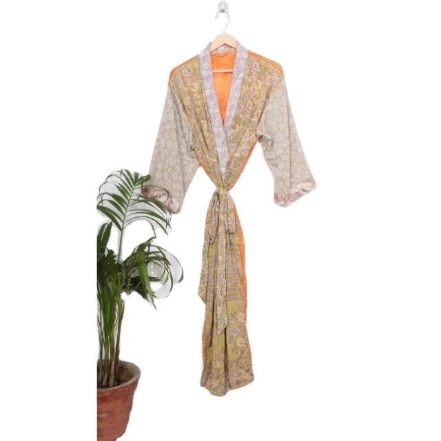 Indian Bali Silk Kimono Robe Pockets Long Satin Oversized Maxi Bathrobe Comfy Lounge Robe Plus Size Perfect Anniversary Summer