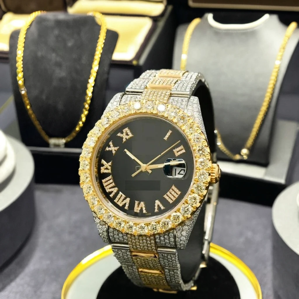 Hip Hop Black Dial Woman Watches Gold Silver Iced Out Quartz Luxury Lab Moissanite Waterproof Wrist Watch Small Size For Women