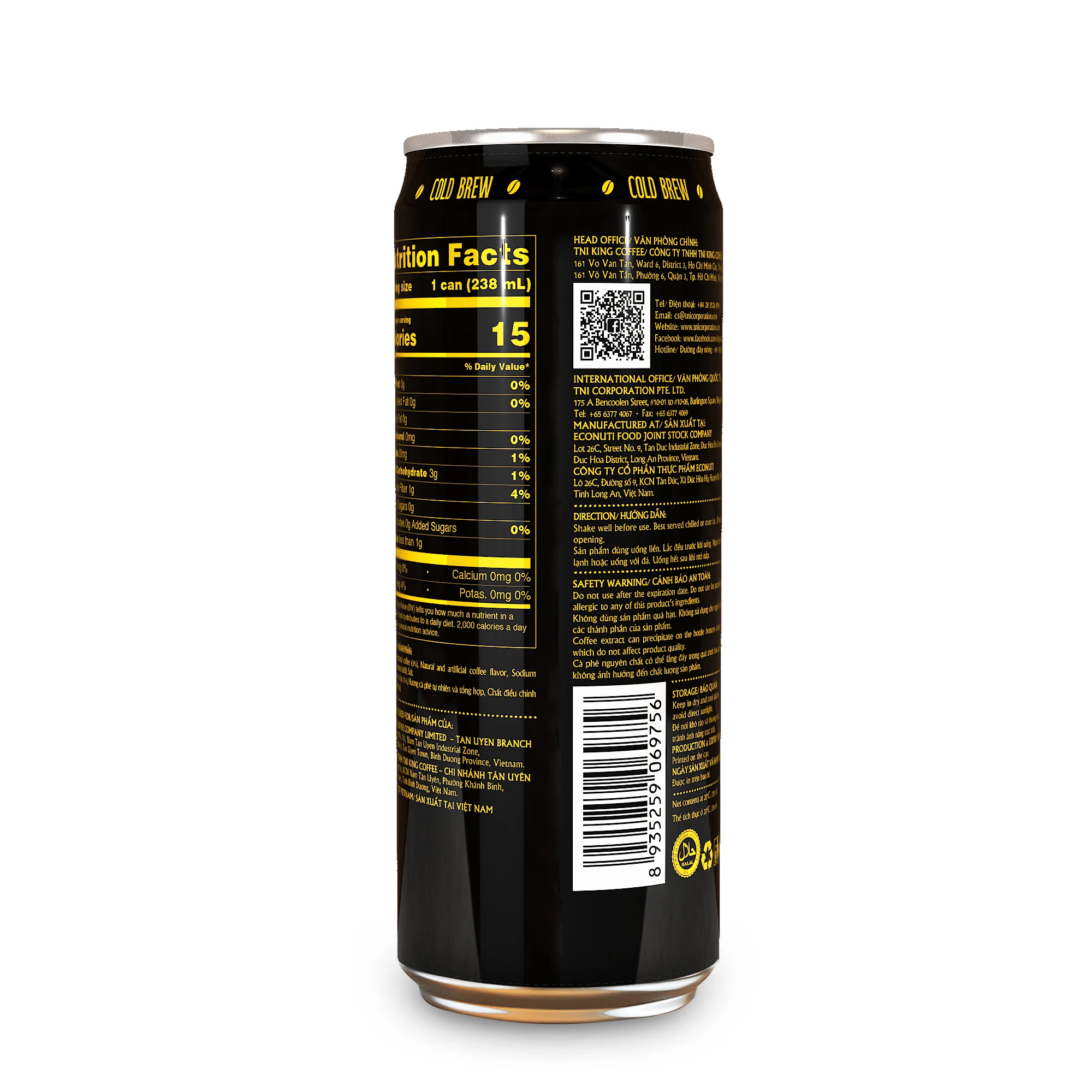 KING COFFEE - (RTD) Cold Brew Black Coffee Can 238 ml packed in 24 can per box from Top Vietnamese Coffee Brand