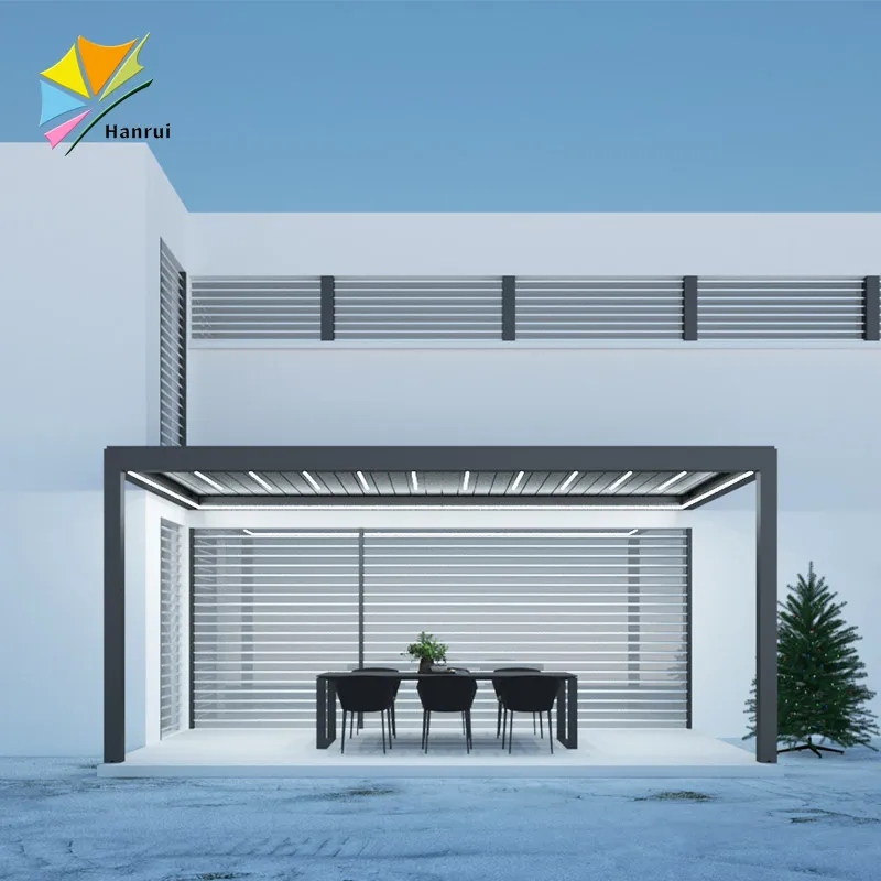 Modern outdoor aluminum louvered pergola automatic weather resistant roof pergola with LED/fan/wind sensor/heater/roller blinds