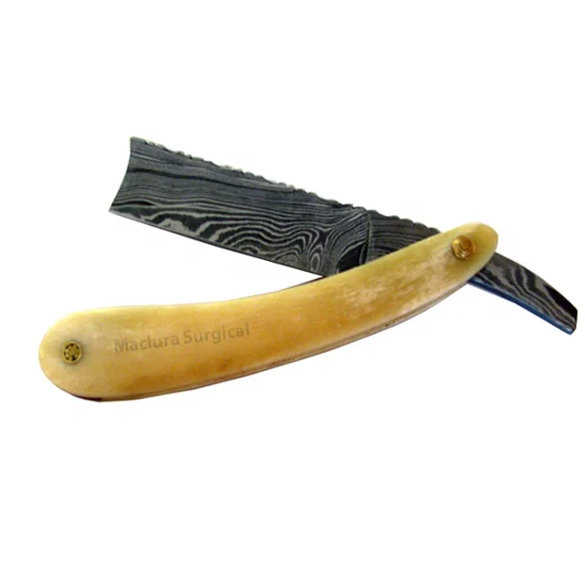 Damascus steel straight razor buffalo horn handle razor MACS RAZOR MSD-6