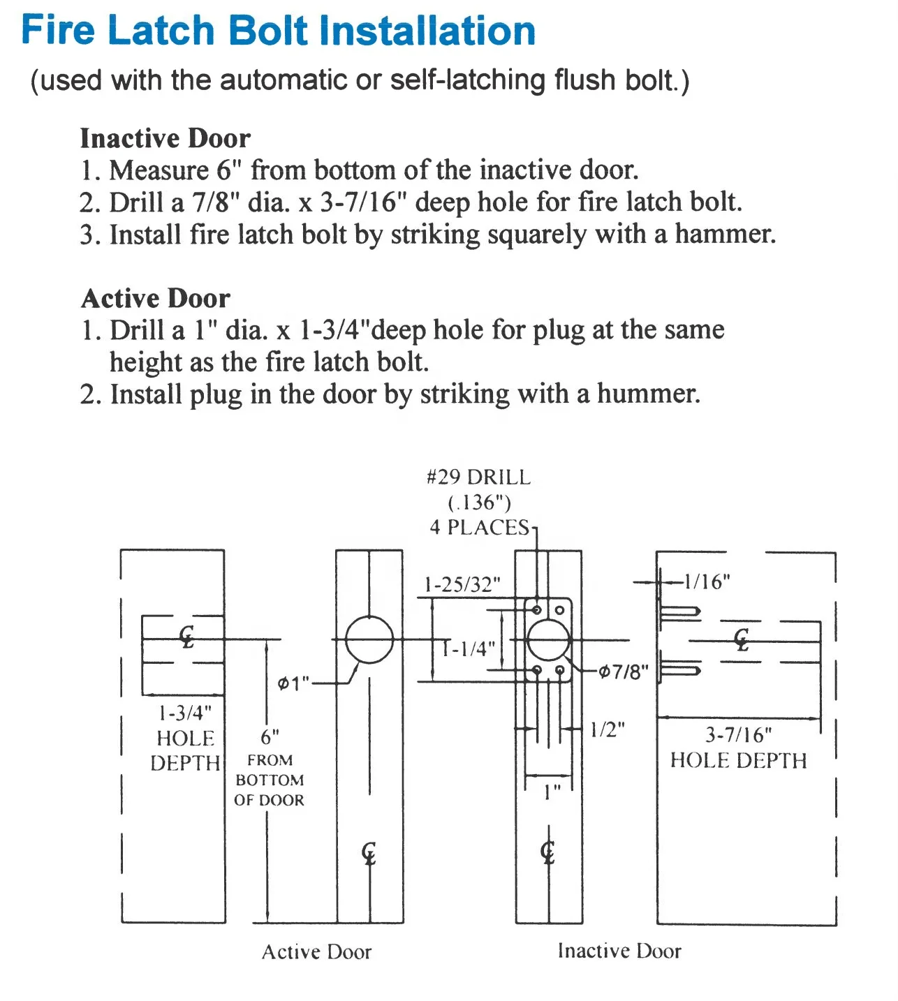 UL listed Stainless Steel Brass Universal Automatic Flush Bolt with Bottom Fire Latch Bolt