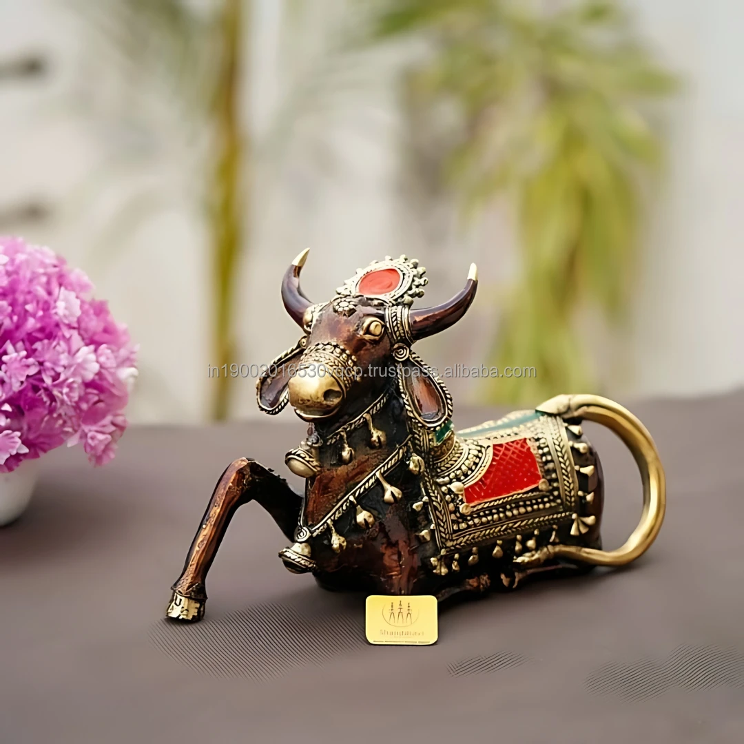Tribal Pure Brass Goddess Nandi/Cow Art Multicolour 6 Inch Candle Holder for Home Table Top Decoration from India