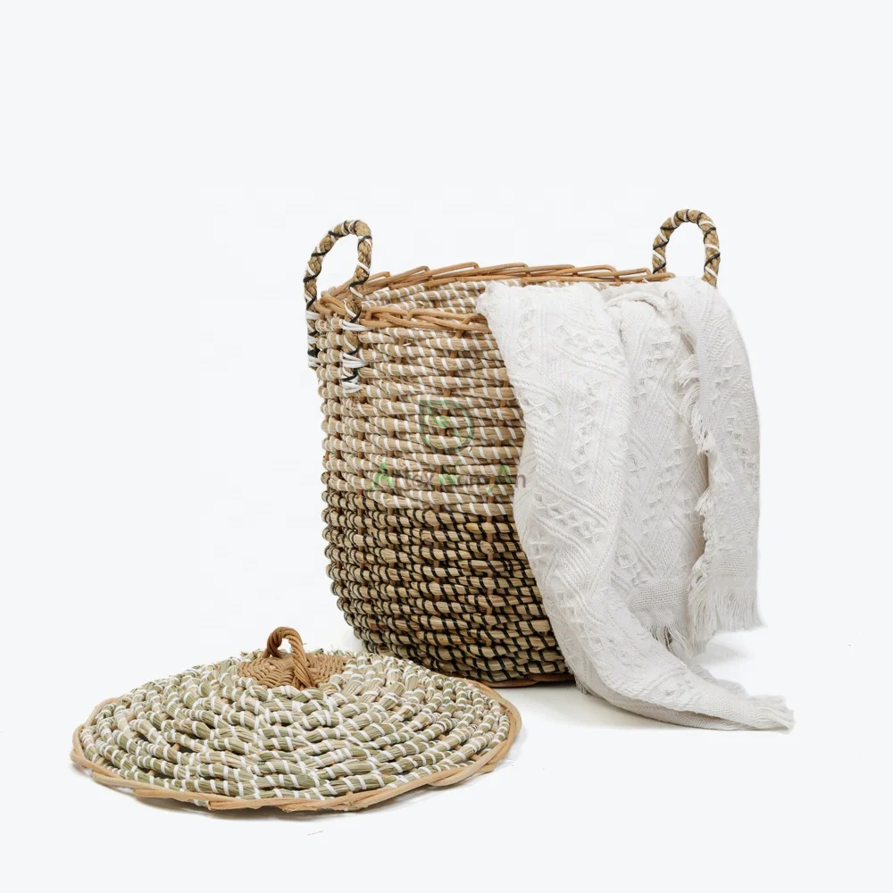 Seagrass storage basket with lid/large laundry basket/hamper baskets