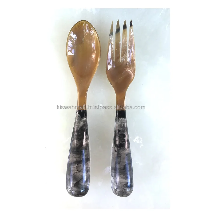 Handmade Buffalo Horn With Resin Handle Salad Spoon Salad Servers Set of 2 For Kitchenware By Kiswah Craft
