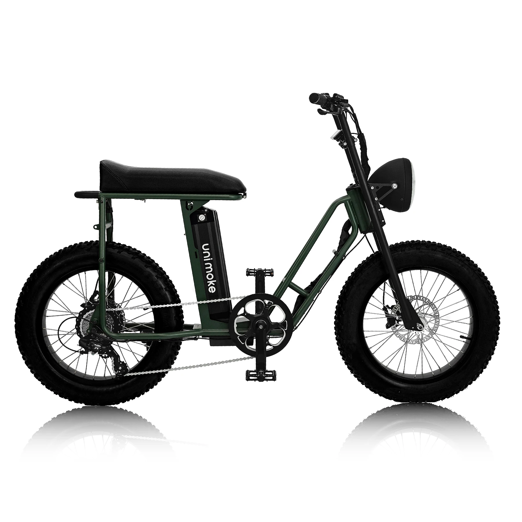 low step through e-bike green Unimoke SW of Urban Drivestyle power assist fat-tire fatbike vintage 48V
