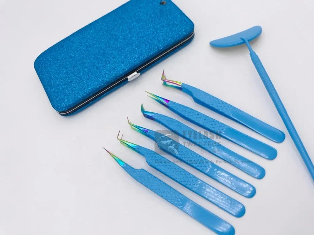Sky Blue Color Coated With Rainbow Tip Sustainable Steel Diamond Grip Private Label Eyelash Extension Tweezers Lash Tweezer