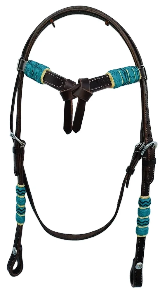 Hot Sale Brown Leather Headstall With  Blue And White Rawhide knotting Headstall For Horse Riding At Affordable Price