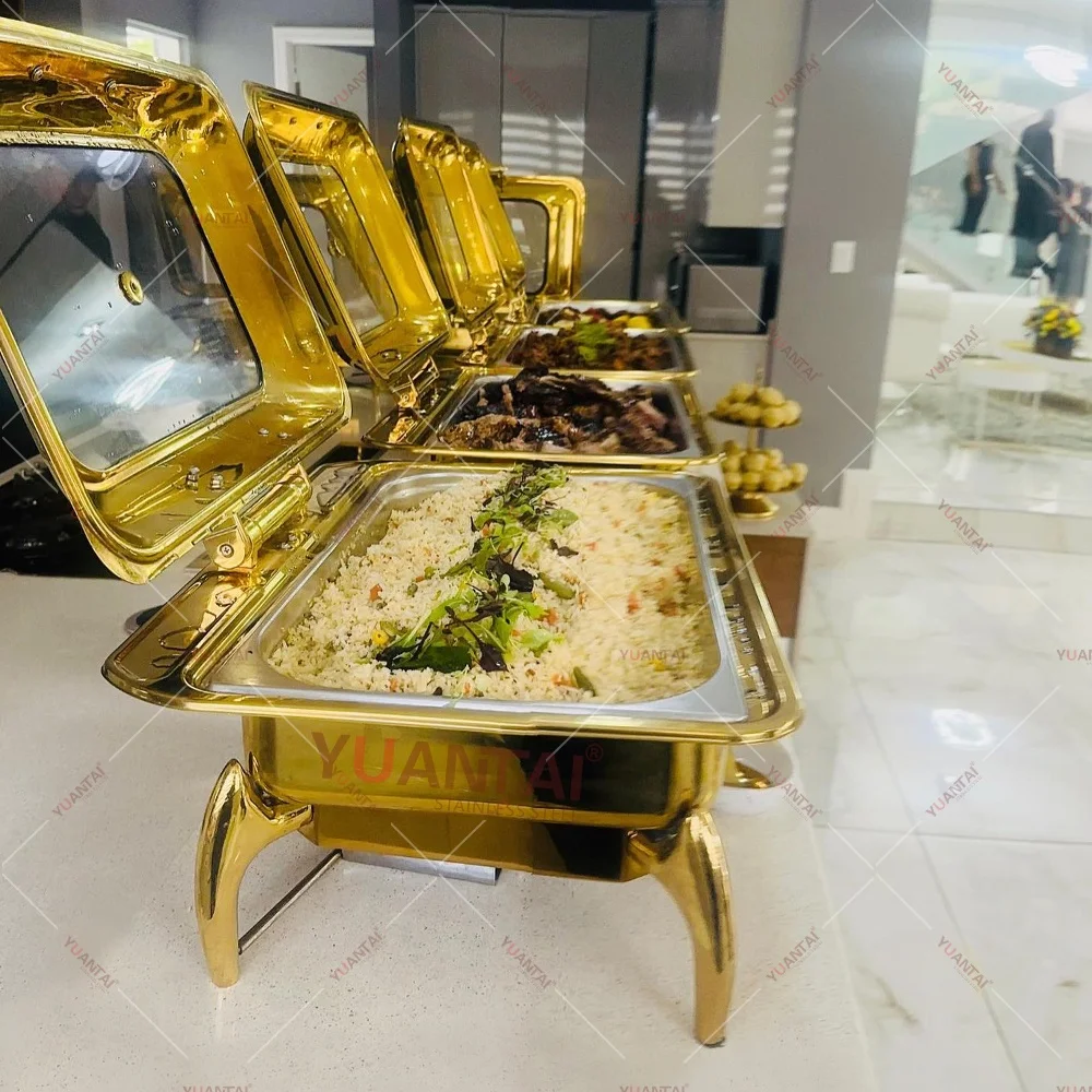 Rectangular Chaffing Dishes Stainless Steel Catering Equipment Double pan 9L Gold Flip Top Chafing Dishes Buffet Set Luxury