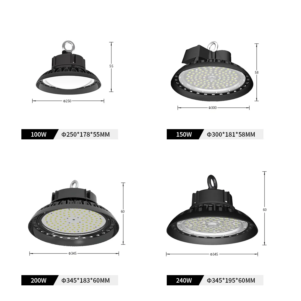 Highbay 100w 150w 200w 240w Commercial & Industrial Dip Dimmable Hi Bay Indoor Warehouse Factory Fixture UFO Led High Bay Lights
