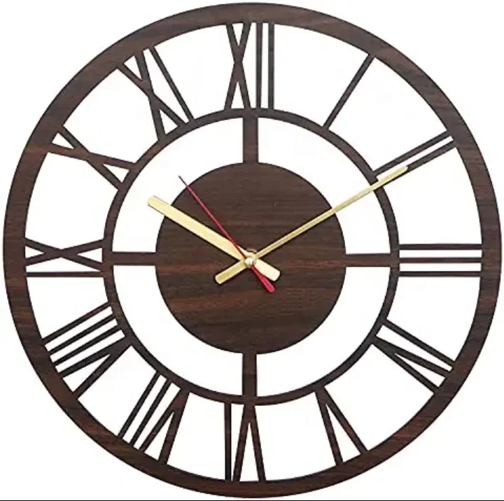 Roman Wheel Wooden Silent Movement Wall Clock To Decorate Room Walls High Quality Natural Wooden Wall Clock Hot Selling