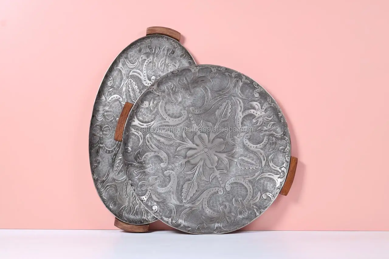 SET OF 3 VINTAGE METAL SERVING TRAY WITH WOODEN HANDLE USE FOR KITCHEN DECORATIVE SERVING TRAY CLASSIC DESIGN METAL TRAY BY CH